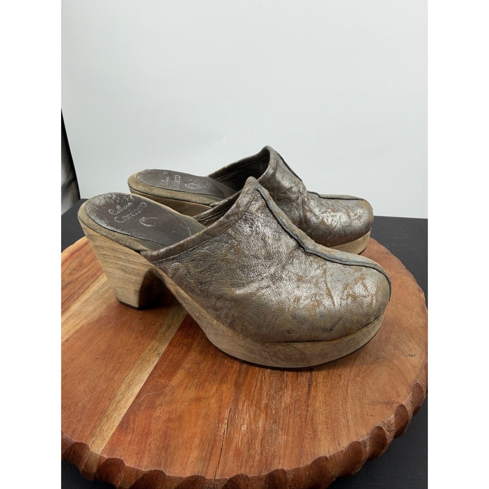 Colleen Cordero Metallic Leather Platform Clogs Women Size 7 Pewter Wood Mules